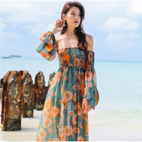 Dew Shoulder Sexy Shoulders Bohemian Women Dress Summer Bali beach Dress Female Holiday Strapless Long Lantern Sleeve Lady Dress