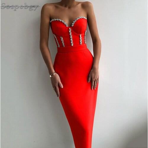 2021 Elegant Women Bandage Dress Sexy Strapless V-neck Diamond-studded Bodycon Midi Dress Celebrity Runway Party Dressesos