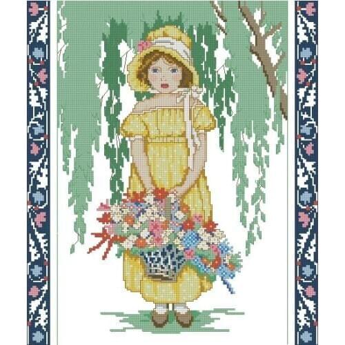 100% egypt COTTON Counted Cross Stitch Kit Rebecca Little Girl with Flower Basket Flowers dim 00121