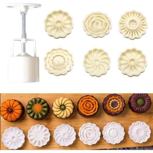 2020 NEW 7Pcs Hand Pressed Round Flower Mooncake Mold Fondant Moon Cake Decoration Tools Cookie Cutter Pastry Baking Decor Tools