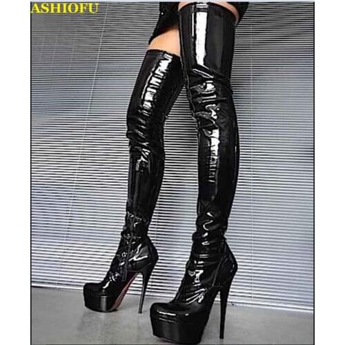 ASHIOFU Handmade Ladies Over Knee Boots Patent Leather Sexy Club Party Thigh High Boots Platform Evening Dance Fashion Boots
