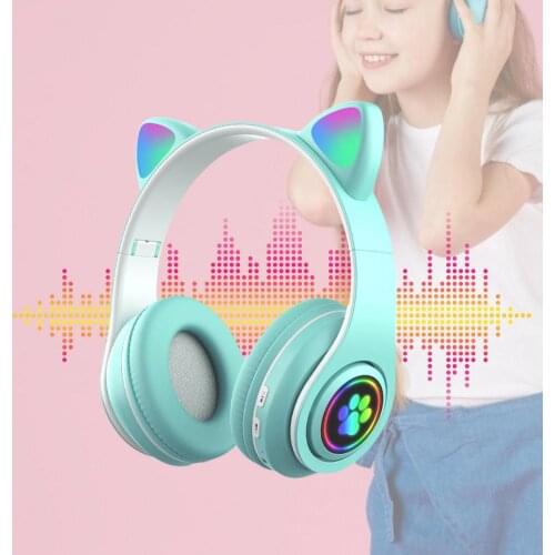 Flash Light Cute Cat Ears Wireless Headphones with Mic Can control LED Kid Girl Stereo Music Helmet Phone Bluetooth Headset Gift