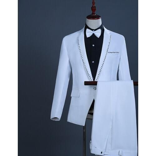 Sparkly Rhinestones White Tuxedo Mens Suit Male Singer Host Performance Costume Photo Studio Clothing Wedding Groom Outfits