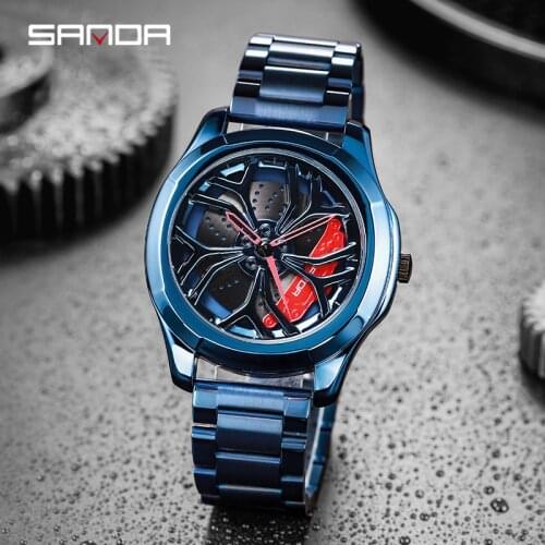 SANDA Mens Luxury Quartz Watch Creative Wheel Sports Watch Steel Band Waterproof Military Silhouette Sports Cool Male Clock
