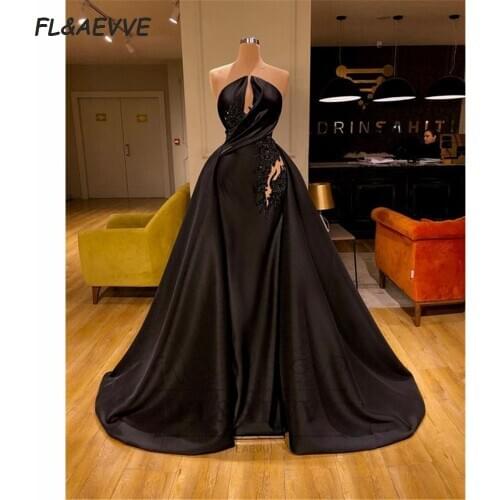 Black Evening Dress A Line Lace Satin Strapless Corset Sleeveless Lace Up Floor Length Evening Prom Party Gowns