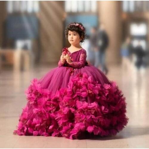 Fuchsia Puffy Tulle Flower Girl Dresses Lace Handmade Flower V Neck Kids Pageant Dress Long Sleeve Girls Birthday Party Gowns