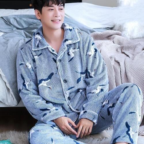 H5900 Men Pajamas Set Plus Size Thick Flannel Sleepwear Coral Velvet Autumn Winter Home Wear Male Comfortable Casual Nightgown
