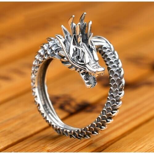 Retro Domineering Dragon Ring 999Sterling Silver Fashion Couple Style Open Adjustable Ring Fish Scale Pattern Index Finger Ring