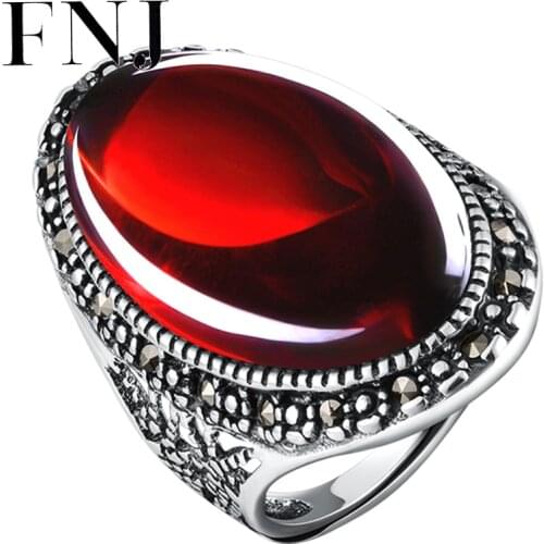 FNJ Vintage MARCASITE Ring 925 Silver Adjustable S925 Solid Silver Rings for Women Jewelry Red Zircon Green Chalcedony Big