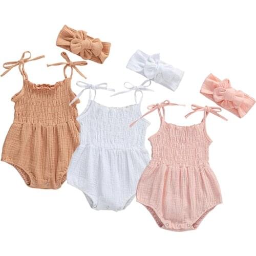 2021 Baby Summer Clothing Newborn Baby Girl Cute Clothes Strap Romper Cotton Solid Sleeveless Jumpsuit + Headband 2 Pcs Set