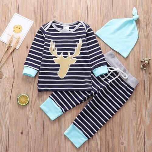 Baby Boy Toddler Newborn Clothes Set Fall winter baby clothing Striped Deer Print Tops+Pants+Hat Infant Kids Outfits Suit
