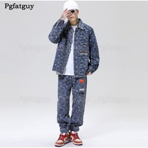 StreetStyle Mens Printed Hip-Hop Jeans Sets New Loose Long Sleeve Denim Jacket and Jeans Two Piece Dancewear Male Dancer Outfit