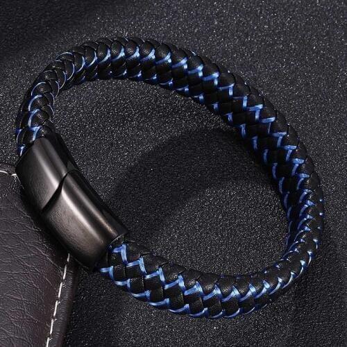 Bracelets for Men Black Blue Braided Leather Bracelet Bangles Stainless Steel Magnetic Clasps Male Wrist Band Jewelry Gifts 0002