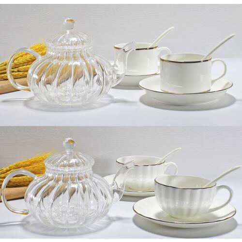 3pcs set, pumpkin glass tea pot and bone china coffee cup set with saucer, porcelain tea set for afternoon tea, service cafe