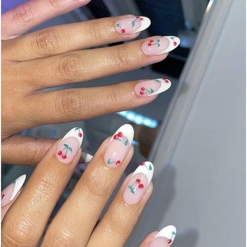 24pc Detachable fake nails press on Cute Cherry French Almond False Nails Wearable Fake Nails Full Cover Nail Tips Press On Nail