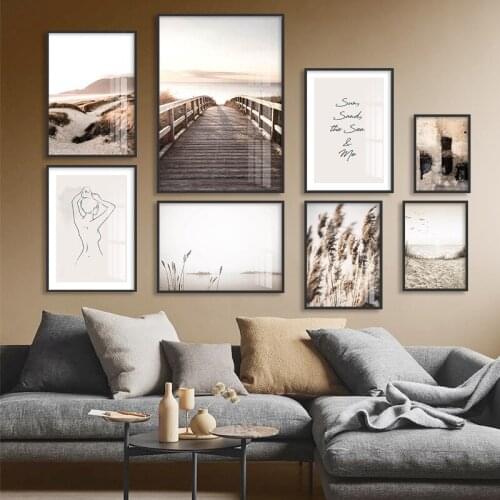 Nordic Poster Natural Landscape Picture Abstract Woman Line Wall Art Canvas Prints Sandy Beach Grass Painting Modern Home Decor