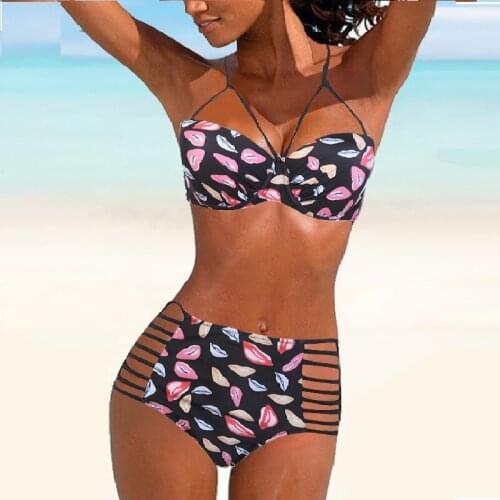 2021 New Sexy Plus Size Swimwear Bikini Color Contrast Split High Waist Print Neck Cup Breathable Swimsuit For Women