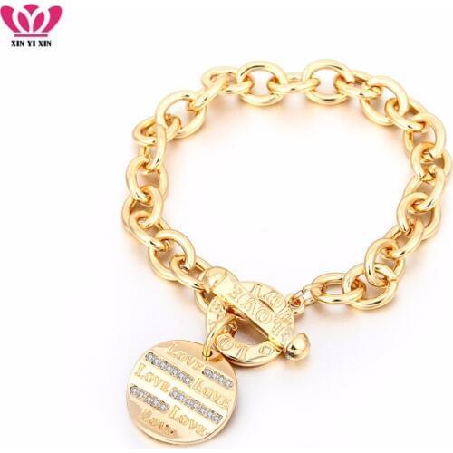 New Gold Round Love Charm Bracelet Rose Gold Big Chain Crystal Bracelets Toggle Pulseira Women Men Couple Jewelry Lover Gifts