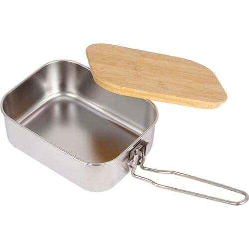 Portable Outdoor Lunch Box Stainless Steel Bamboo Wood Cover Cutting Board Cover Outdoor Camping Picnic Bento Container