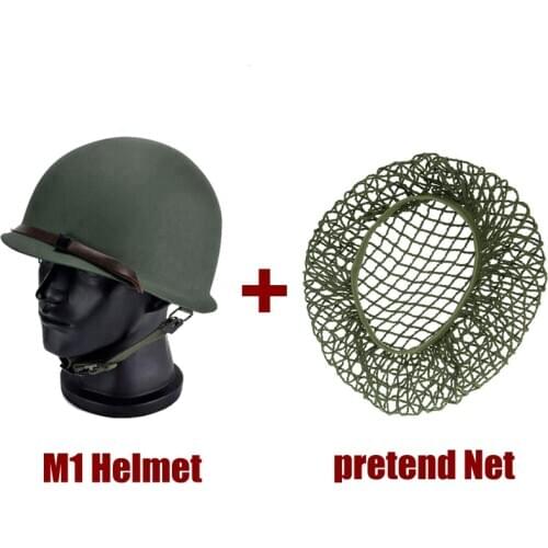 Durable Heavy Duty Helmet US Army Tactical Helmet WWII Steel M1 Green Steel Helmet Replica with pretend Net/ Canvas Chin Strap