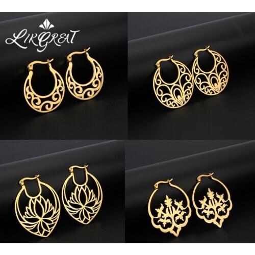 LIKGREAT Stainless Steel Earrings for Women Vintage Hollow Out Lotus Flower Tree Pandent Drop Earring Bohemia Jewelry boucle