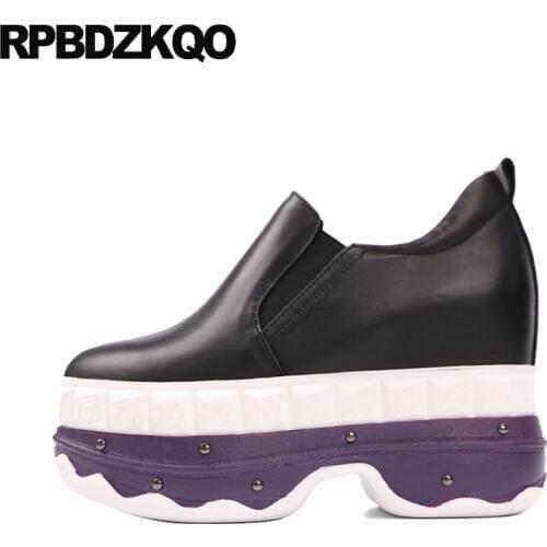 Wedge genuine leather shoes women platform round toe stud creepers pumps harajuku rivet black runway high heels european super