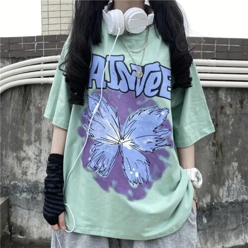 Butterfly Print Harajuku goth Female women t-shirts Kawaii Short T Shirt Summer tee Streetwear crop Tops y2k vintage lime size