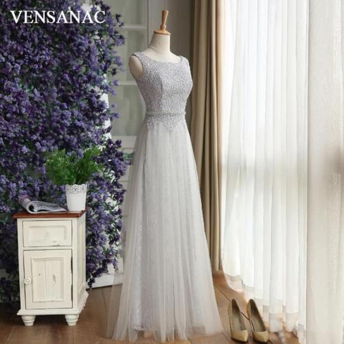 VENSANAC 2018 A Line Crystals Sash Long Evening Dresses Sequined O Neck Elegant Party Lace Embroidery Prom Gowns