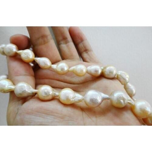 18"18x12MM AUSTRALIAN SOUTH SEA GENUINE GOLD PINK NUCLEAR PEARL NECKLACE 925 silver