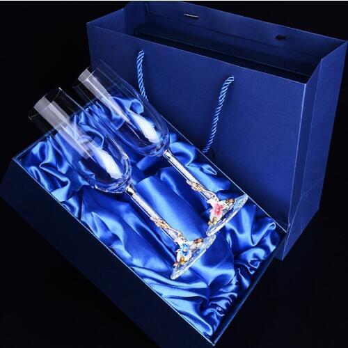2pc/set Wine Glass Creative Flower Reliefs Carved Crystal Glass Cup Large Capacity Glass Enamel Color Wine Wine Champagne Cup