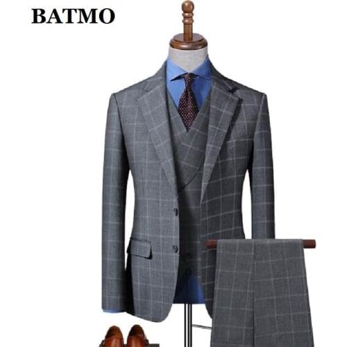 BATMO 2021 new arrival high qulaity grey plaid suits men,casual two Splits suits ,622