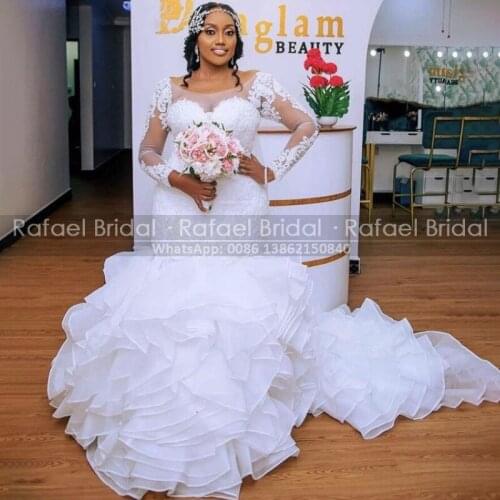 White Lace Wedding Dress With Organza Cascading Ruffles Mermaid Long Sleeves Sheer O Neck Court Train Bridal Dresses Gown