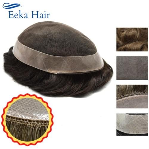 Eeka Men Toupee HairPieces Transparent French Lace With PU Around Medium Density Off Black Brown Color Grey Hair Mens Wig (Dawn)