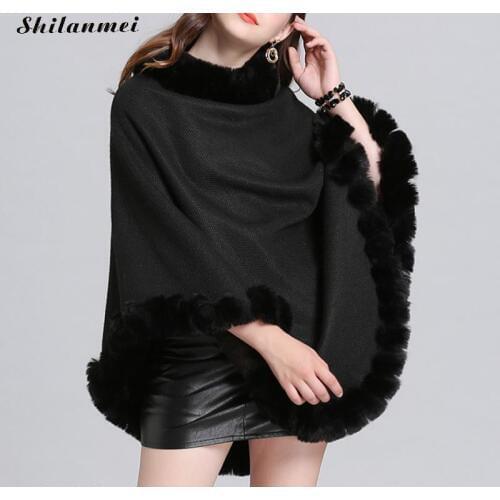 Elegant Faux Fur Shawl Poncho For Women Knitted Capes With Fur Collar Oversized Fur Ponchos Coat Female Loose Fur Jacket