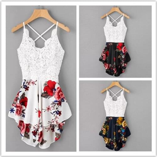 Women Summer Lace Bowknot Backless Mini Jumpsuit Fashion V-neck Floral Print Fitted Jumpsuit Ladies Sexy Sleeveless Playsuits