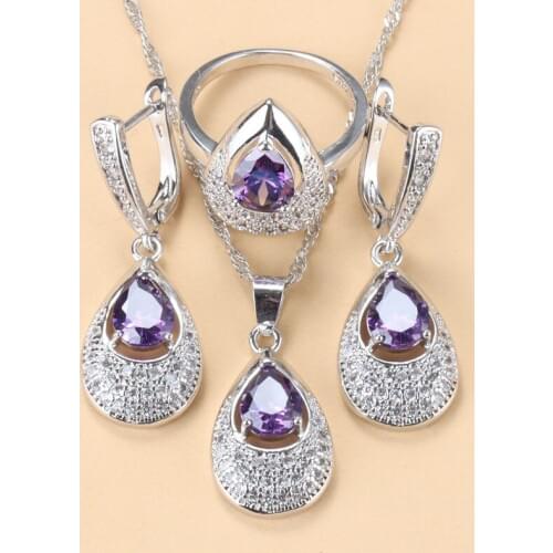 Elegant Women Italian Jewelry Sets 925 Silver Wedding Accessories AAA+ Purple Crystal Necklace Earrings And Ring Prom Jewelry