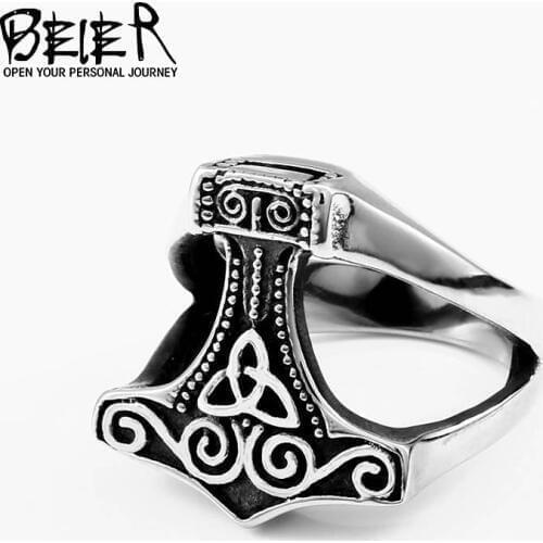 BEIER stainless steel character geometry thors hammer mjolnir Viking ring for man`s gift Punk rock Jewelry boy`s gift BR8-624