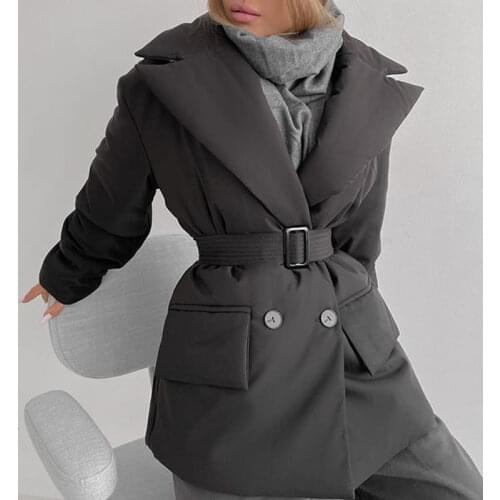Malina Simple Pockets Parkas Women Fashion Double Breasted Coats Women Solid Tie Belt Notched Cotton Jackets Ladies
