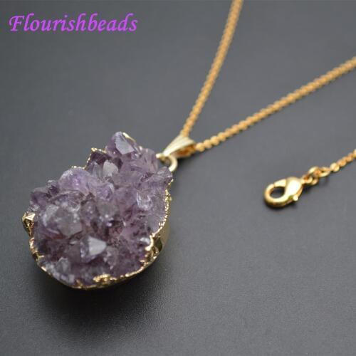 Freeform Natural Drusy Amethyst Mineral Rough Stone Pendant Linked Chains Necklace Fashion Woman Jewelry