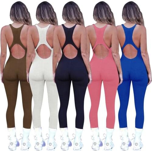 Casual Sportswear Fitness Solid Overalls for Women Sexy Hollow Out Backless Tank Top Leggings Bodycon Jumpsuit Women Rompers