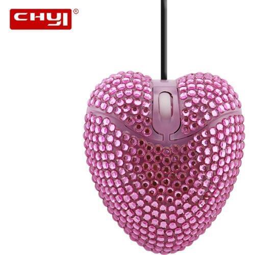 CHYI Wired Computer Mouse USB Optical Cute Pink Love Heart With Diamond Super Slim PC Mause 3D For Friends Girls Kids For Laptop