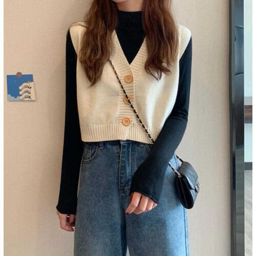 VmewSher New Spring Women Cardigan Buttons Sleeveless Sweater Short Slim High Waist Female V Neck Solid Knitted Waistcoat Crop
