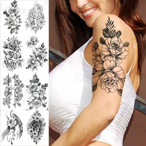 Realistic Peony Flower Temporary Tattoo For Women Men Geometric Rose Dahlia Animal Fake Tattoo Sticker Disposable Body Art Tatoo