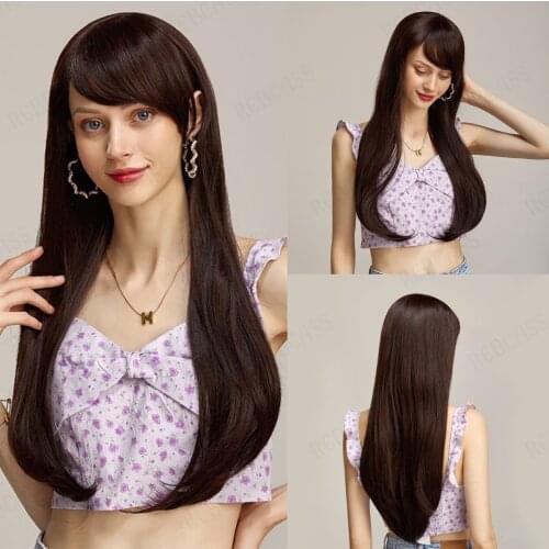 Rebcass Long Straight Wigs for Women Afro Dark Brown Colored Synthetic Wigs with Full Bangs Cosplay Daily Heat Resistant Fiber