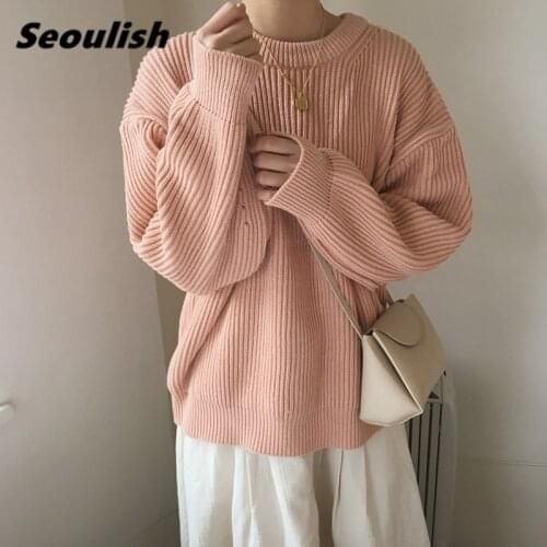 Seoulish 2021 New Pink Womens Pullovers Vintage Long Sleeve Round Neck Casual Loose Ladies Knitting Tops Sweaters Autumn Winter
