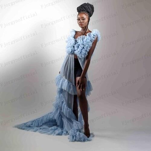 Sky Blue Fashion Tiered Ruffled Party Dresses Tulle Robes Sleeveless Sweep Train Evening Gowns 2021 Customized Prom Gown
