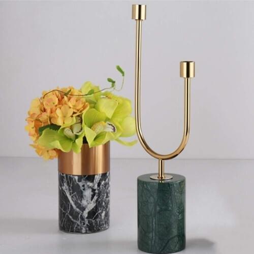Natural Green Marble U-Shaped Candle Holder Glittering Metal Candlesticks