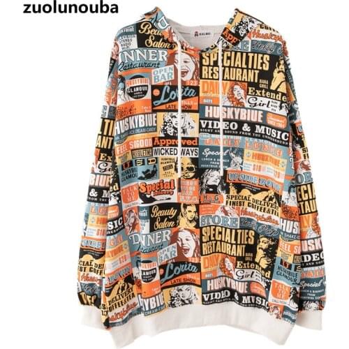 Zuolunouba 2020 Autumn Graffiti Printed Ladies Hoodie Casual Loose Plus Size Fashion Mid-length Harajuku Hip-hop Women Pullover