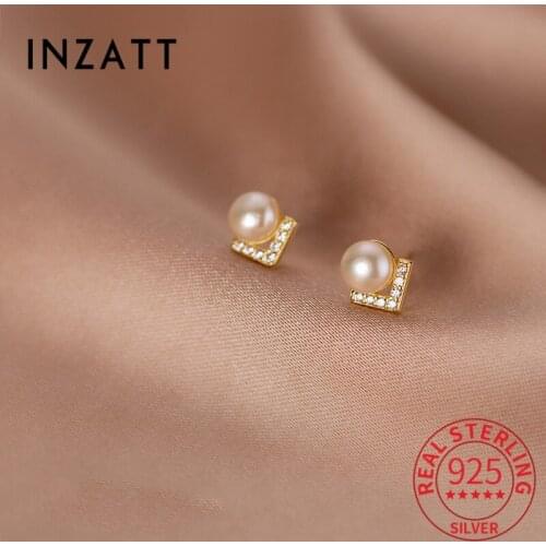 INZATT Real 925 Sterling Silver Zircon Letter V Round Pearl Stud Earrings For Women Fine Jewelry Cute Accessories Drop shipping