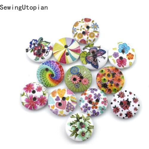100PCS 15MM Round Colorful Flower Painting Wooden Buttons for DIY Craft Needlework Sewing Wooden Decoration